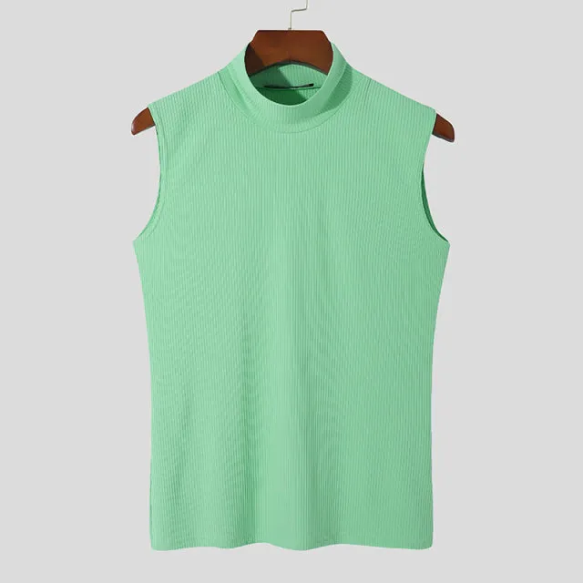 Turtleneck Sleeveless Solid Color Knitted Men Tank Tops