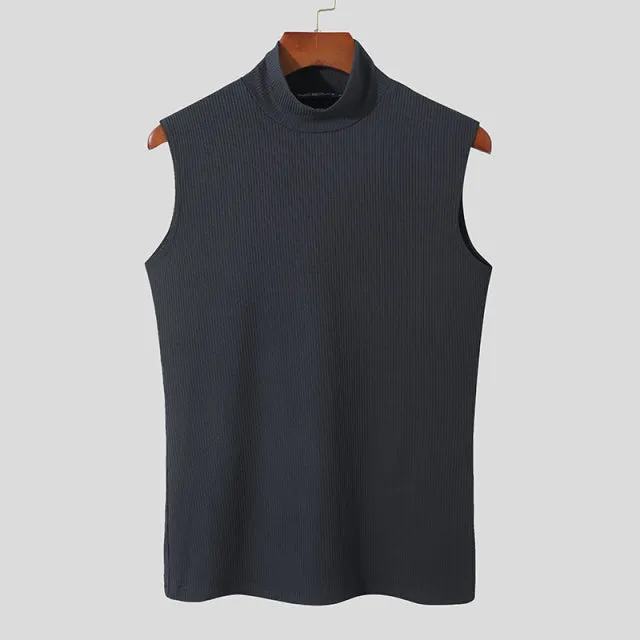 Turtleneck Sleeveless Solid Color Knitted Men Tank Tops