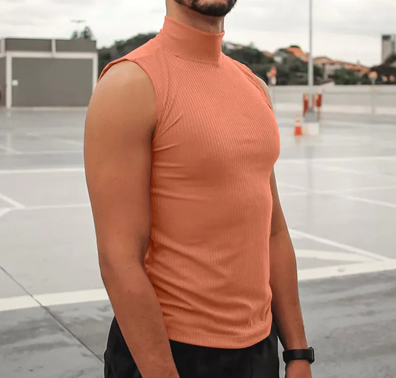 Turtleneck Sleeveless Solid Color Knitted Men Tank Tops