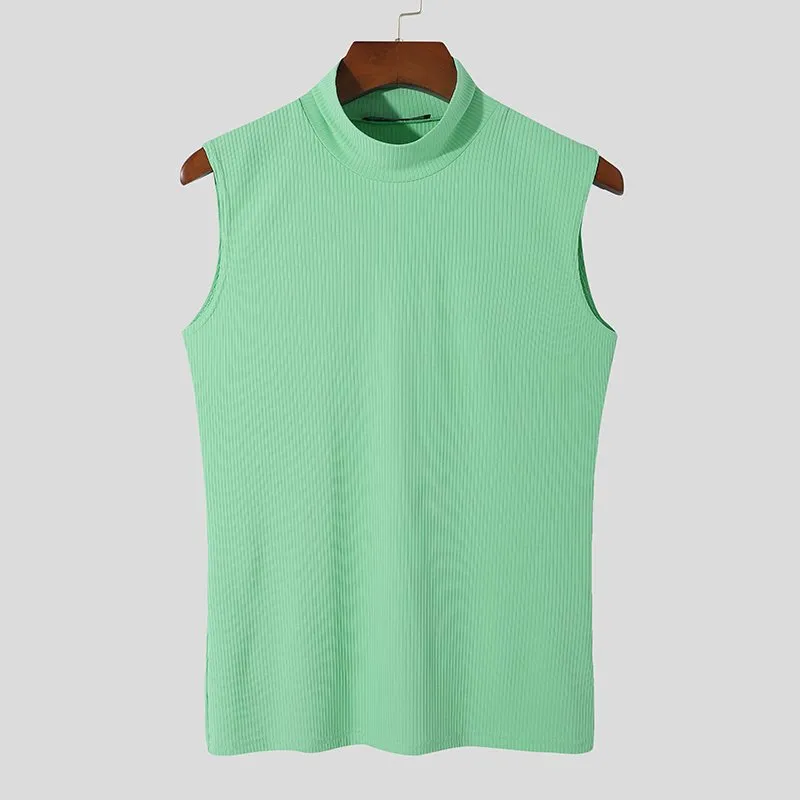 Turtleneck Sleeveless Solid Color Knitted Men Tank Tops