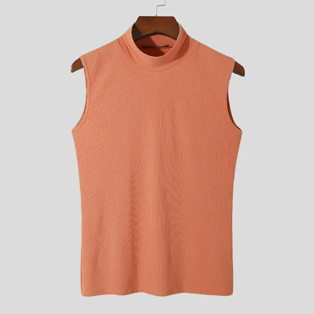 Turtleneck Sleeveless Solid Color Knitted Men Tank Tops