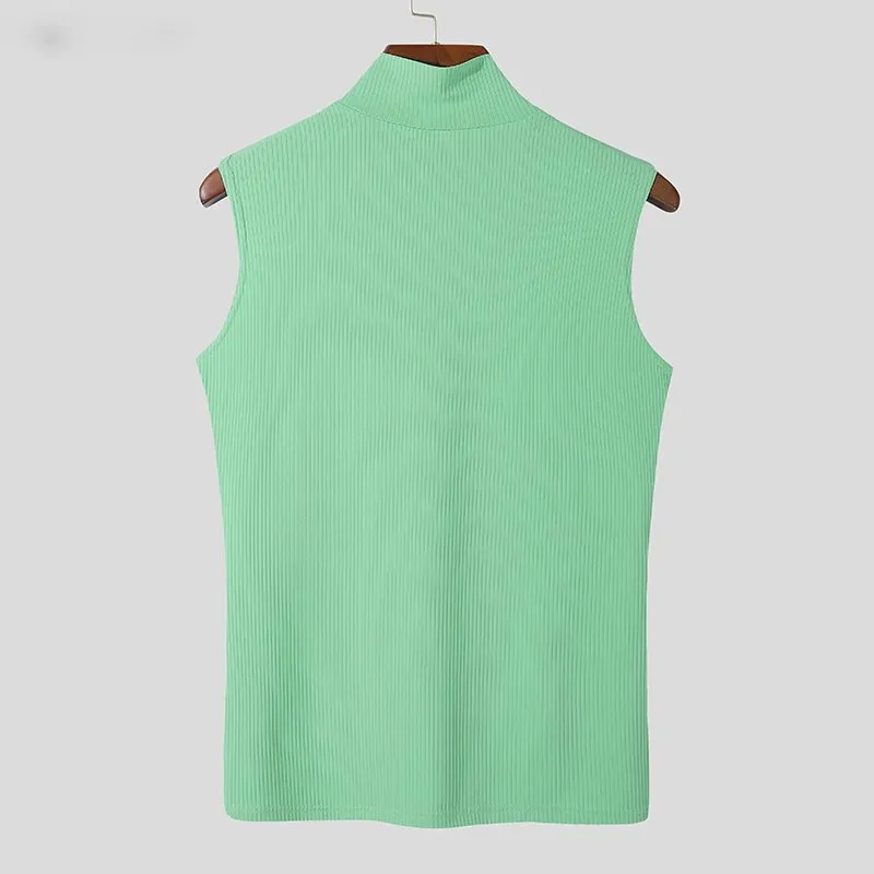 Turtleneck Sleeveless Solid Color Knitted Men Tank Tops