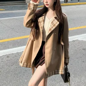 Uniwim 2024 fall fashion trends Maple Candy Girl Khaki Trench Coat Female 2024 Autumn Plaid Stitching Coat Small Versatile Mid-Length Trench Coat