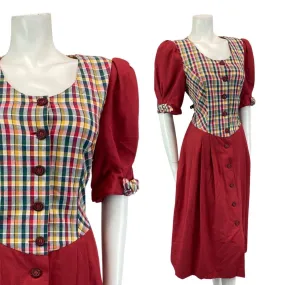 Vintage 80s 90s Red Authentic Tyrolean Dirndl Short Sleeve Check Midi Dress M/L