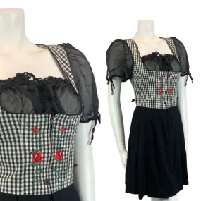 Vintage 90s 00s Black White Landhaus Gingham Embroidered Sheer Dirndl Dress S