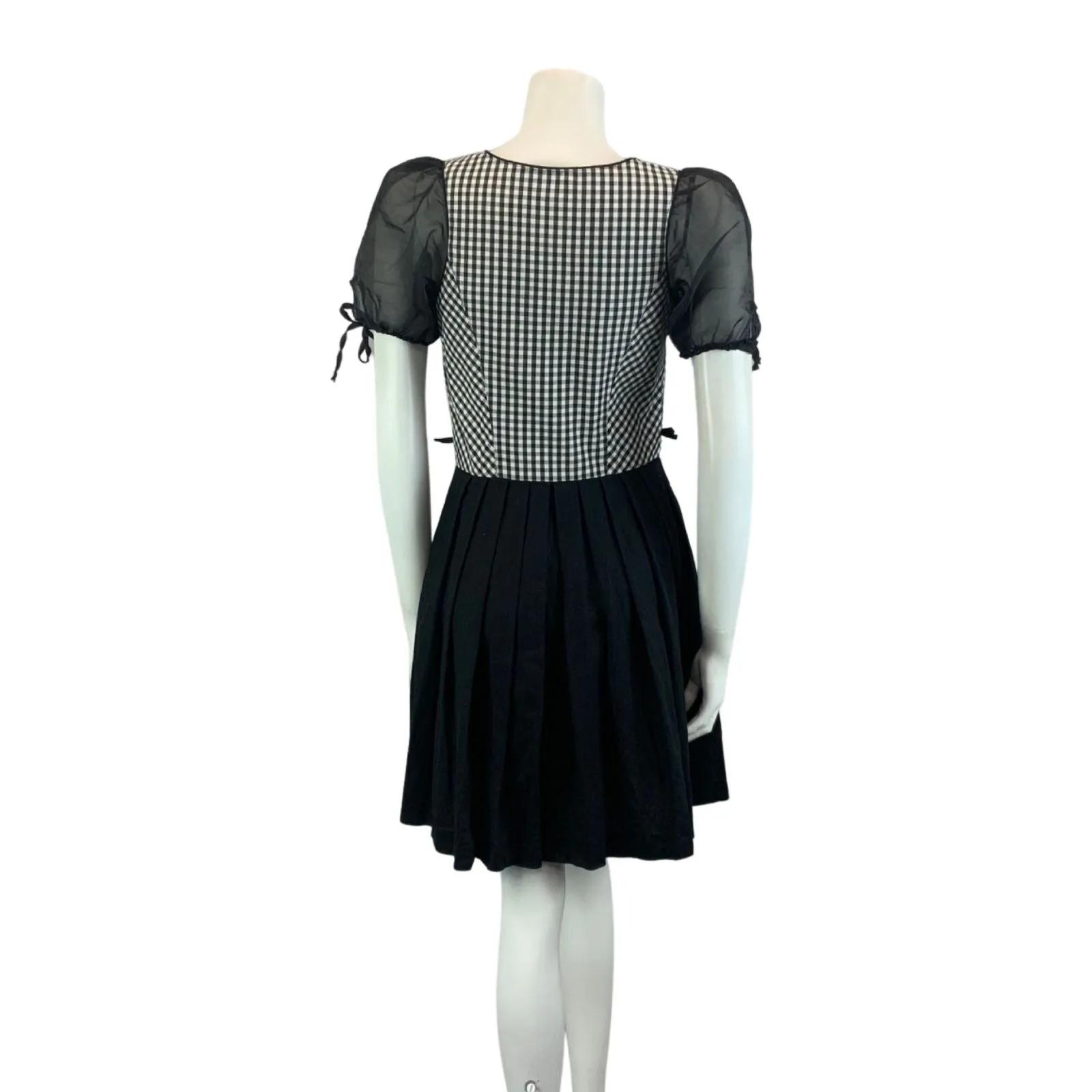 Vintage 90s 00s Black White Landhaus Gingham Embroidered Sheer Dirndl Dress S