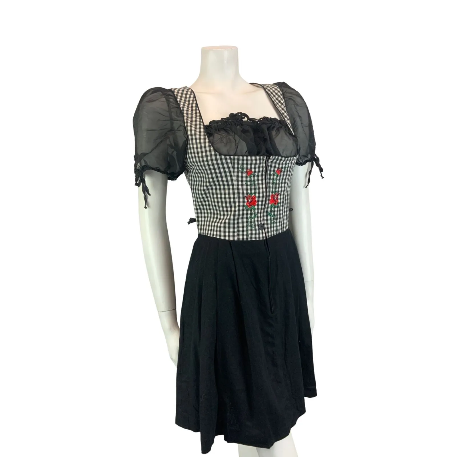 Vintage 90s 00s Black White Landhaus Gingham Embroidered Sheer Dirndl Dress S