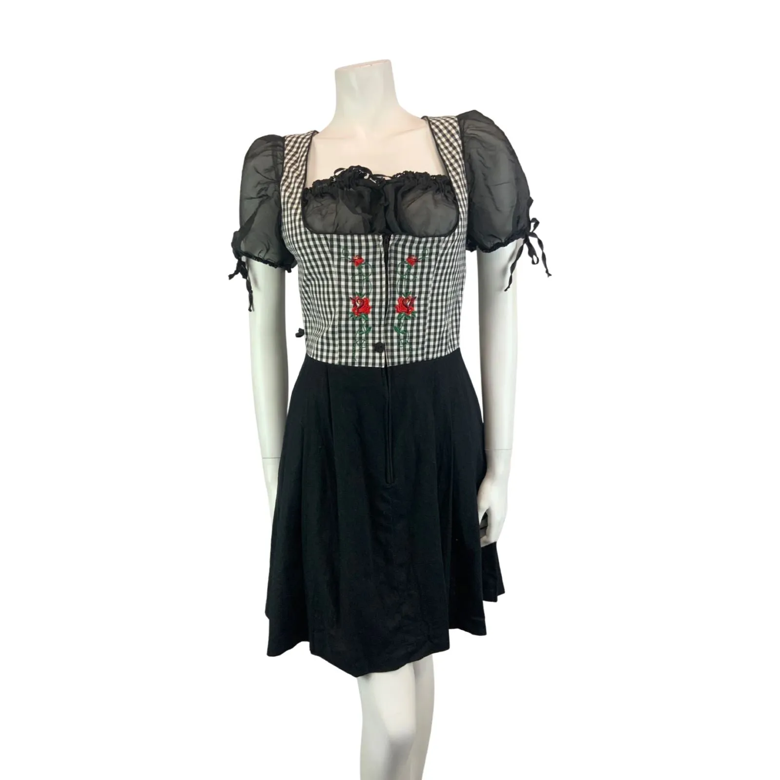 Vintage 90s 00s Black White Landhaus Gingham Embroidered Sheer Dirndl Dress S