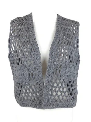 Vintage 90s 2000s Y2K Bohemian Grannycore Grey Wool Knitted Crochet Vest with Flower Detail