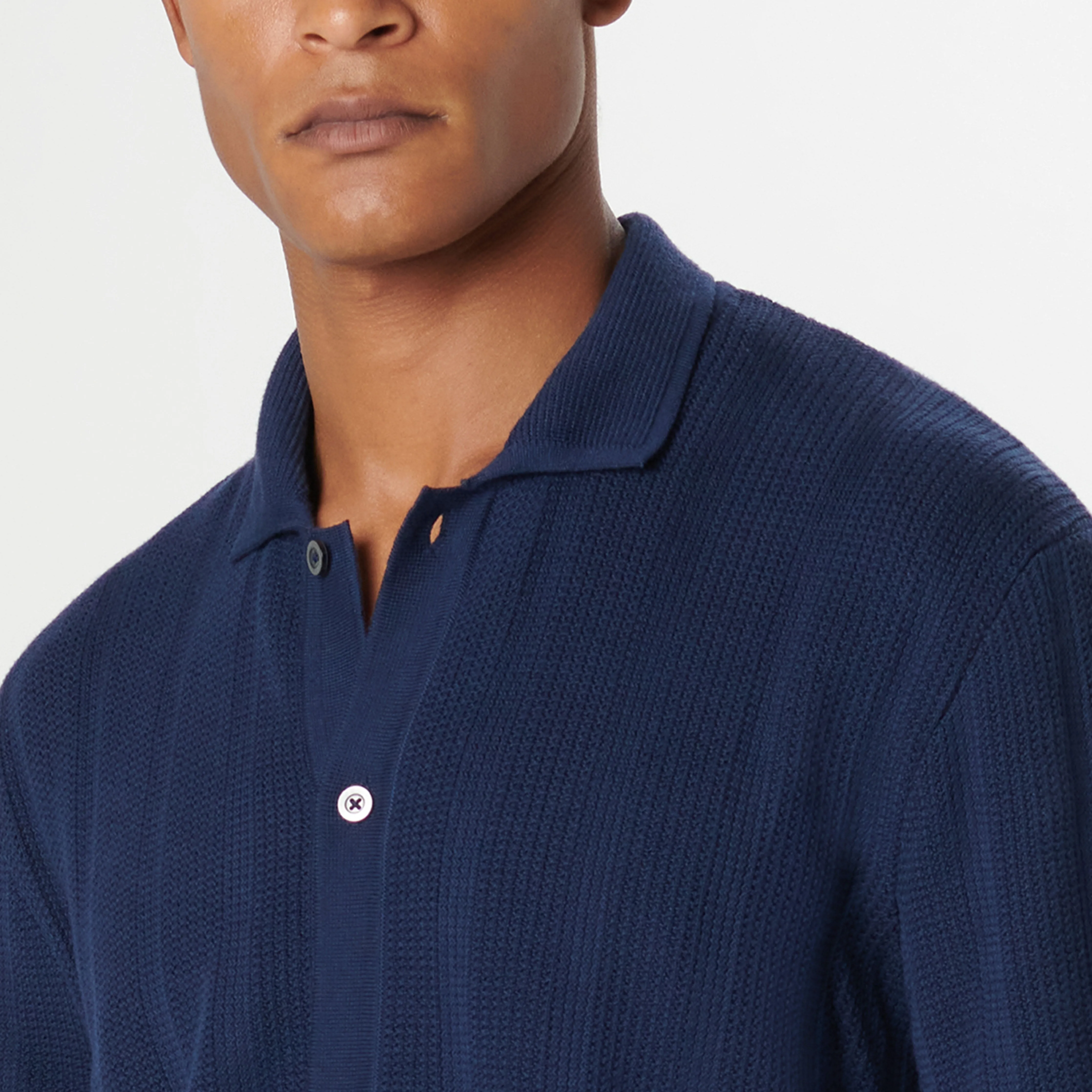 Waffle Rib Full Button Short Sleeve Polo Sweater