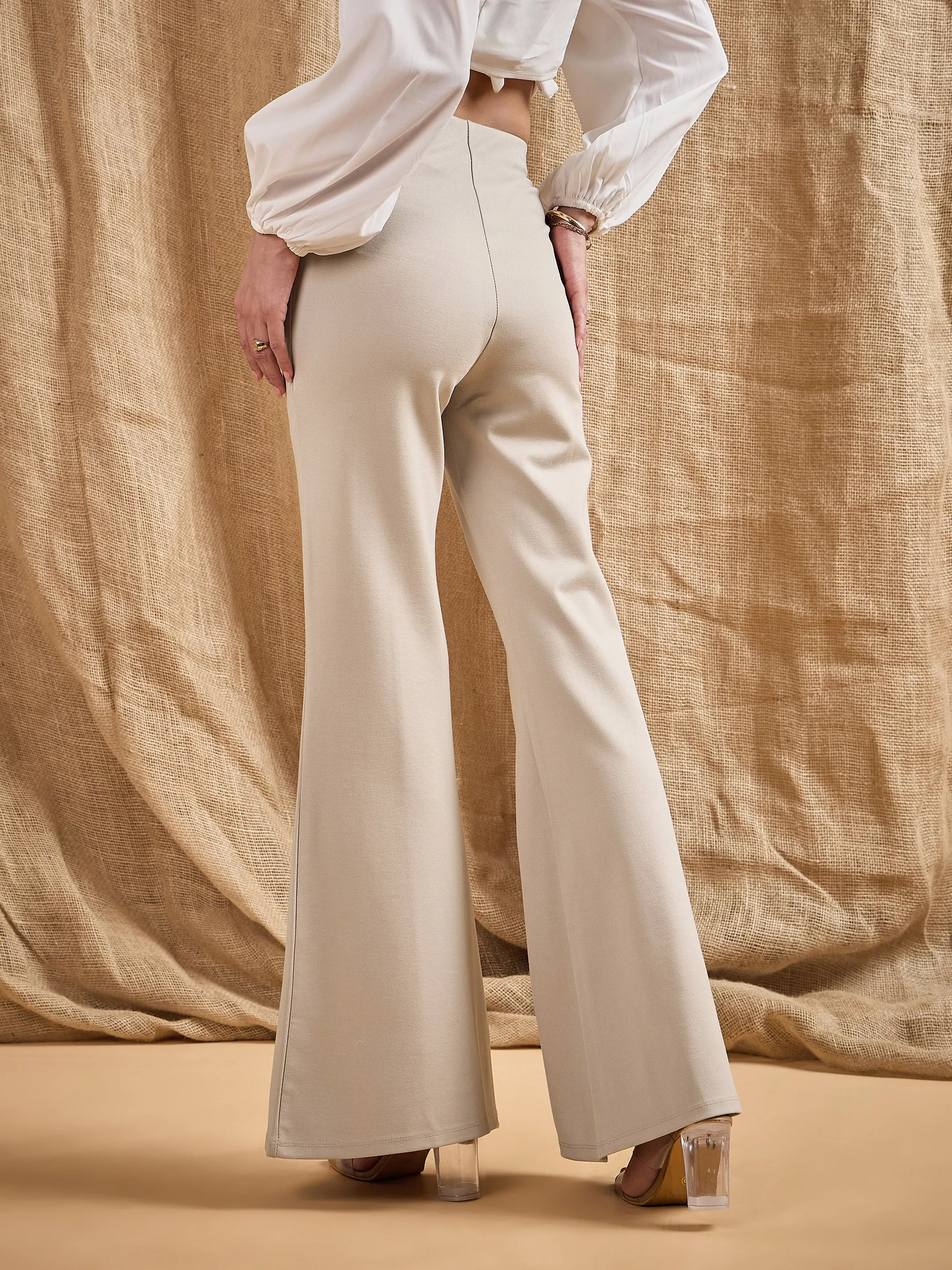 Women Light Beige Front Button Flared Bell Bottom Pants