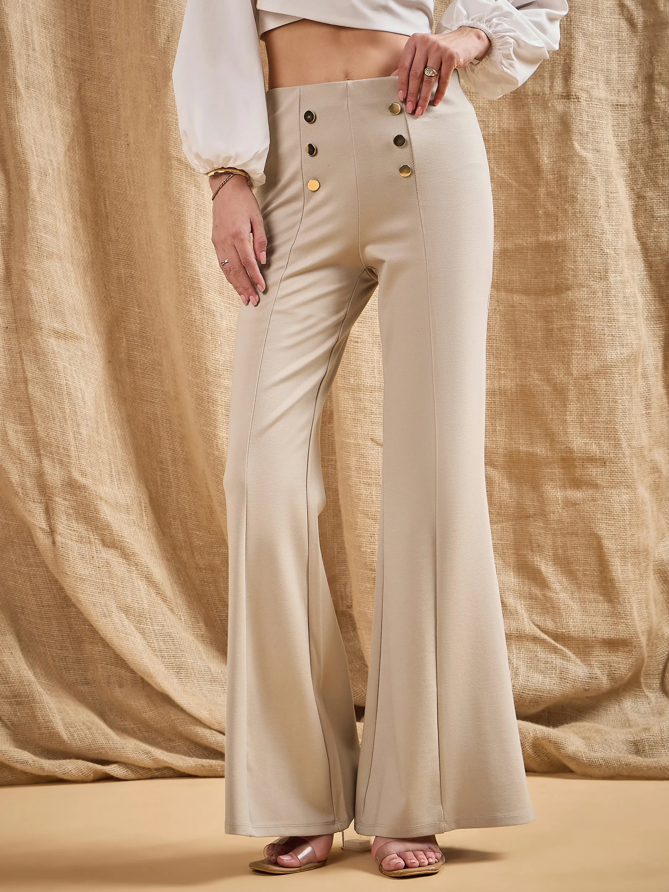 Women Light Beige Front Button Flared Bell Bottom Pants