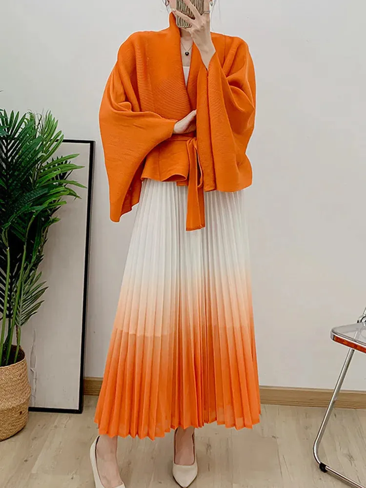 Women's 2-Piece Pleated Long Skirt & Cardigan Set