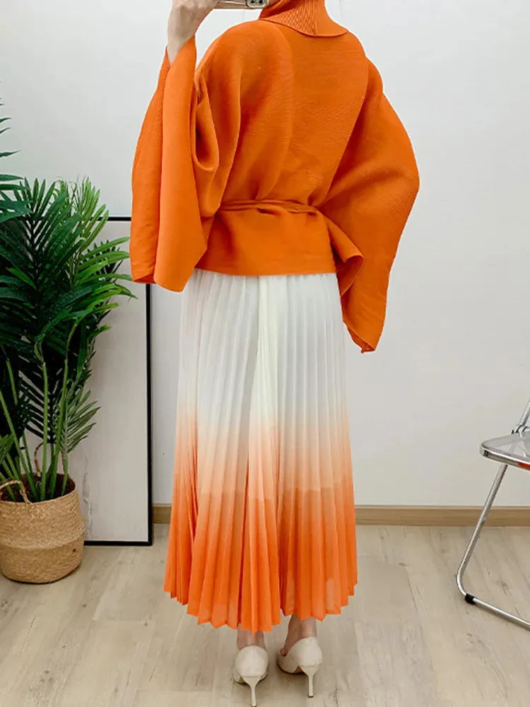 Women's 2-Piece Pleated Long Skirt & Cardigan Set