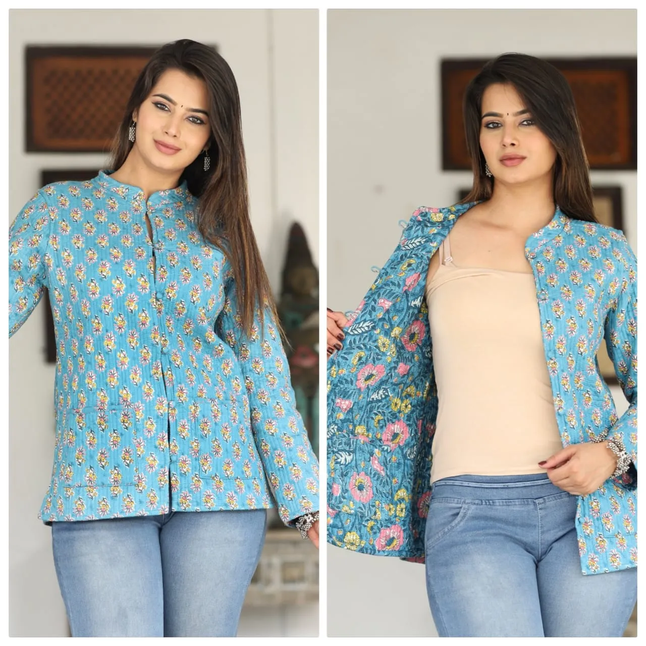 Women's Cotton Quilted Reversible Floral Jacket – Stylish & Comfortable