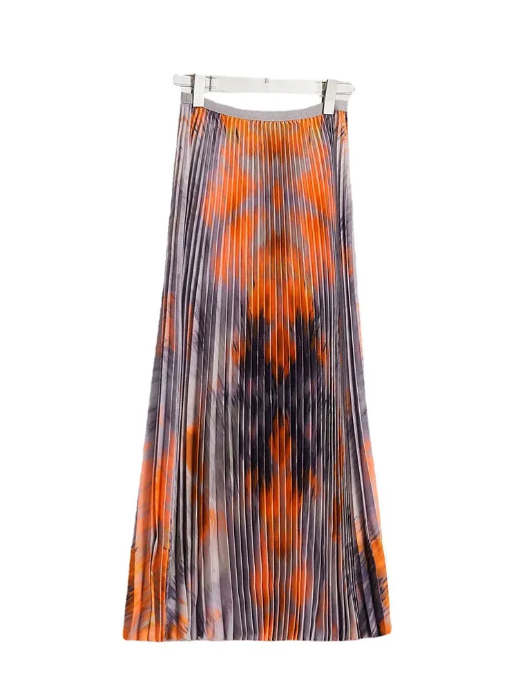 Women's Elegant 2 Piece Midi Skirt Set – Gray and Orange