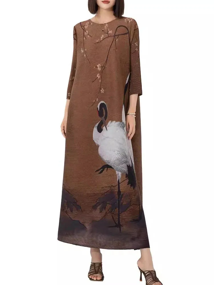 Women's Elegant Coffee Crane Pleated Midi Dress