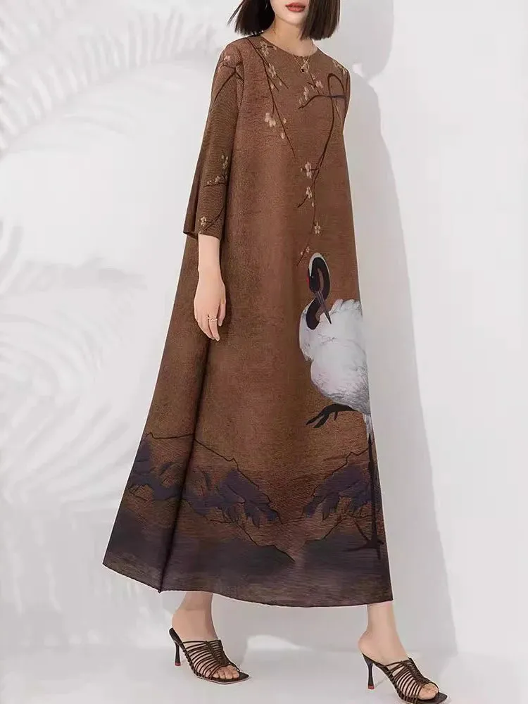 Women's Elegant Coffee Crane Pleated Midi Dress