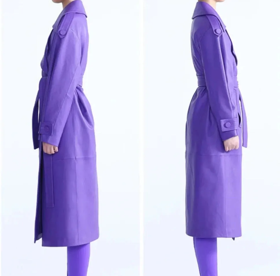 Women's Elegant Midi Faux Leather Trench Coat