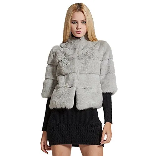 Women's Genuine Rabbit Fur Coat Winter Warm Fur Jacket with Half Sleeves VFur Story FS17110