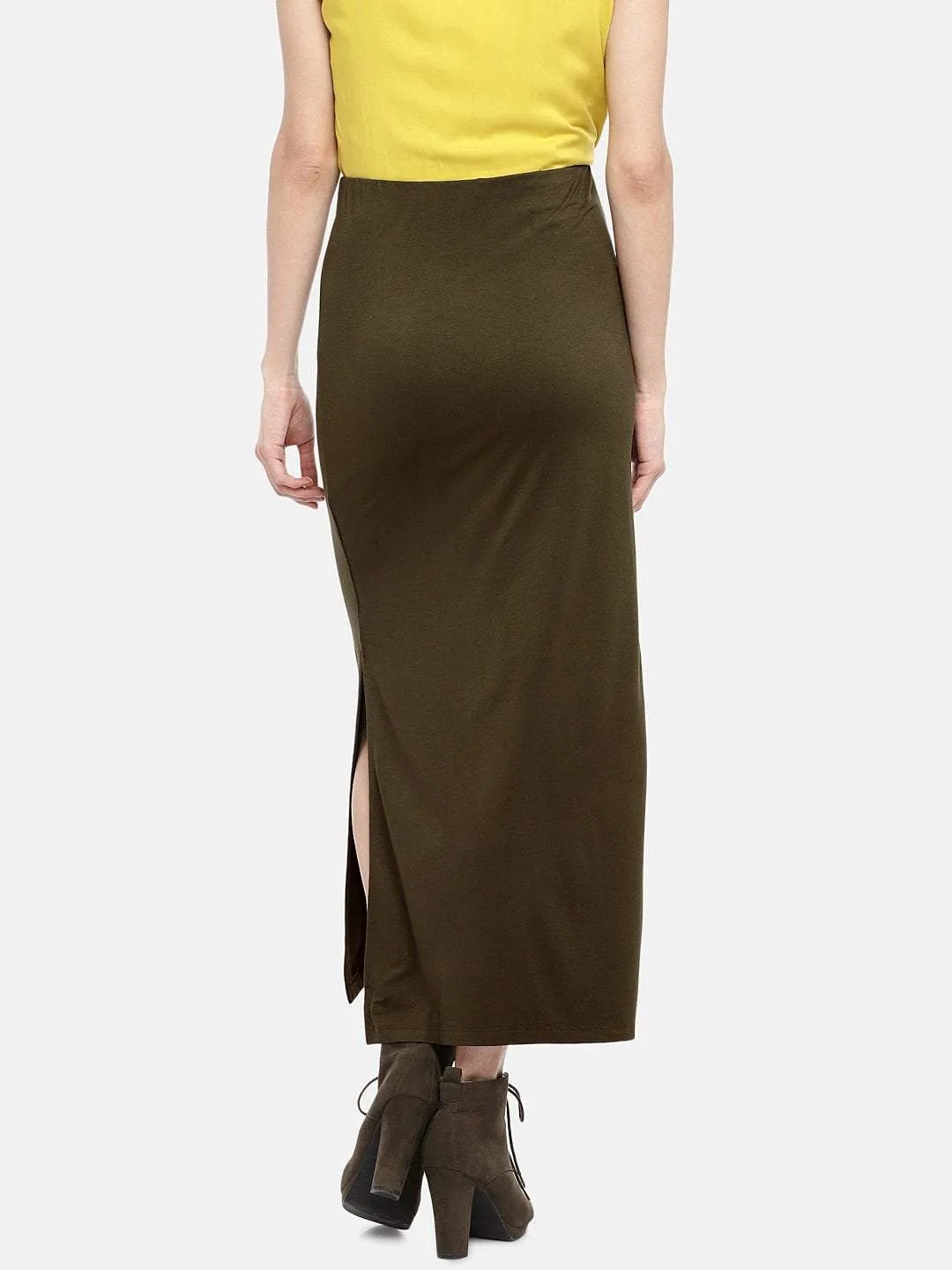 Womens Olive Viscose Elastane Skirt