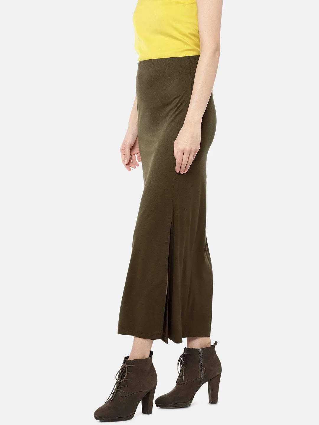 Womens Olive Viscose Elastane Skirt