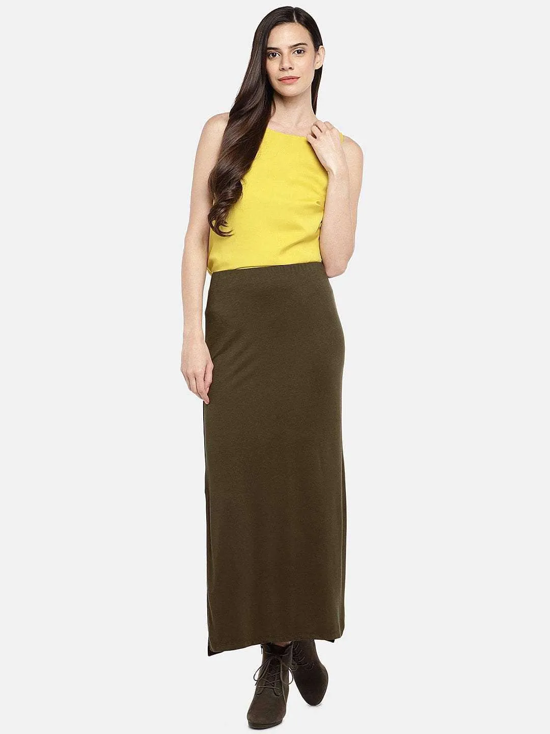 Womens Olive Viscose Elastane Skirt