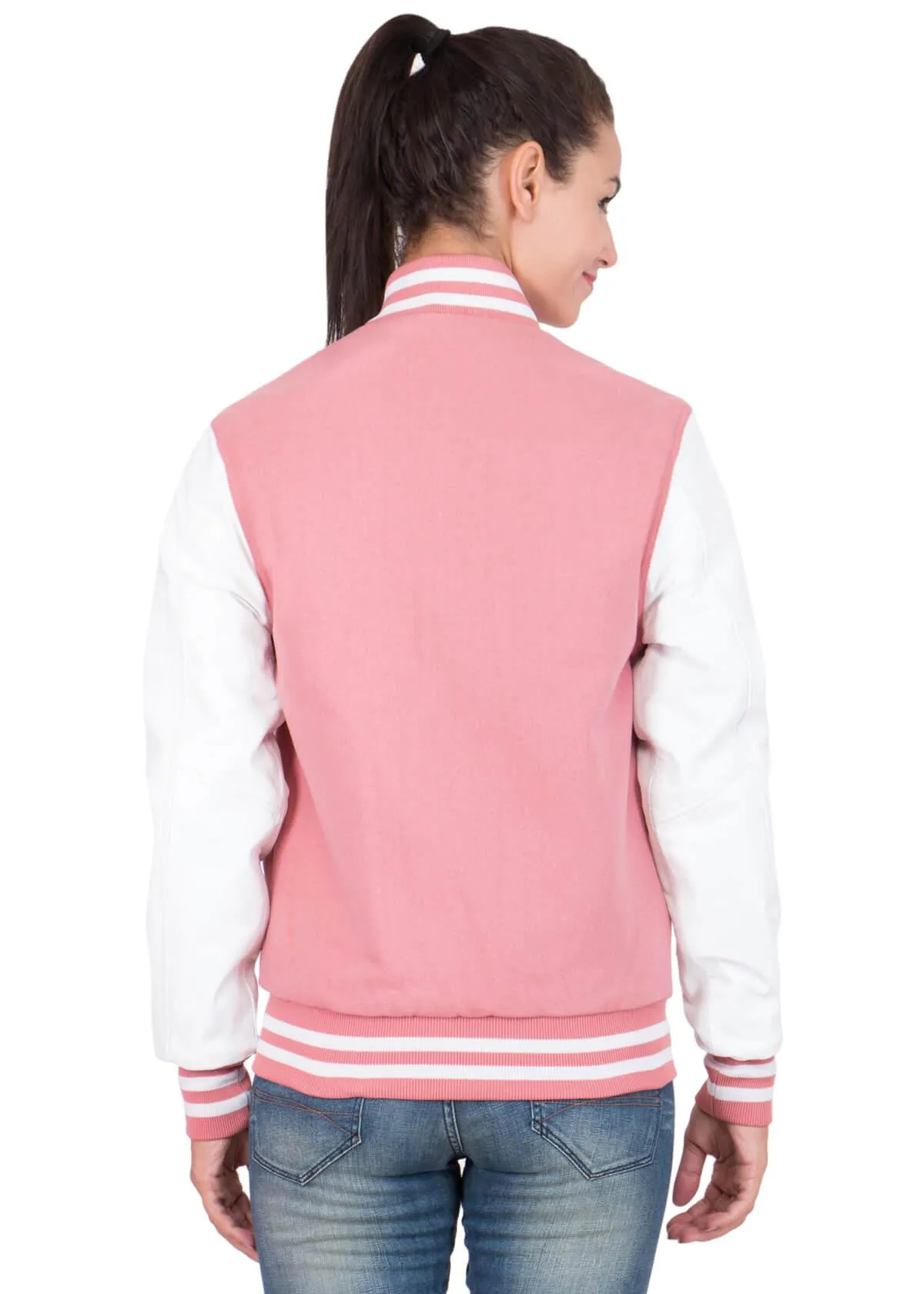 Womens Pink And White Varsity Jacket