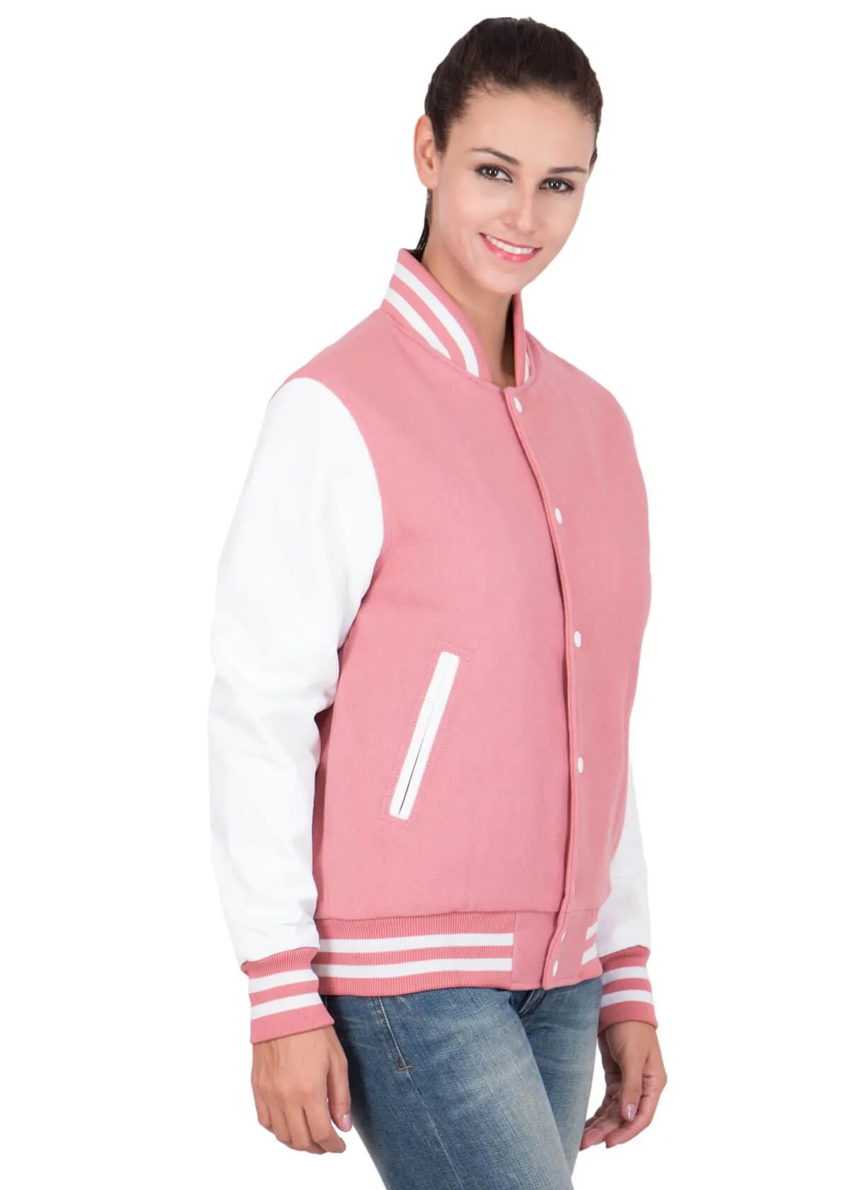 Womens Pink And White Varsity Jacket