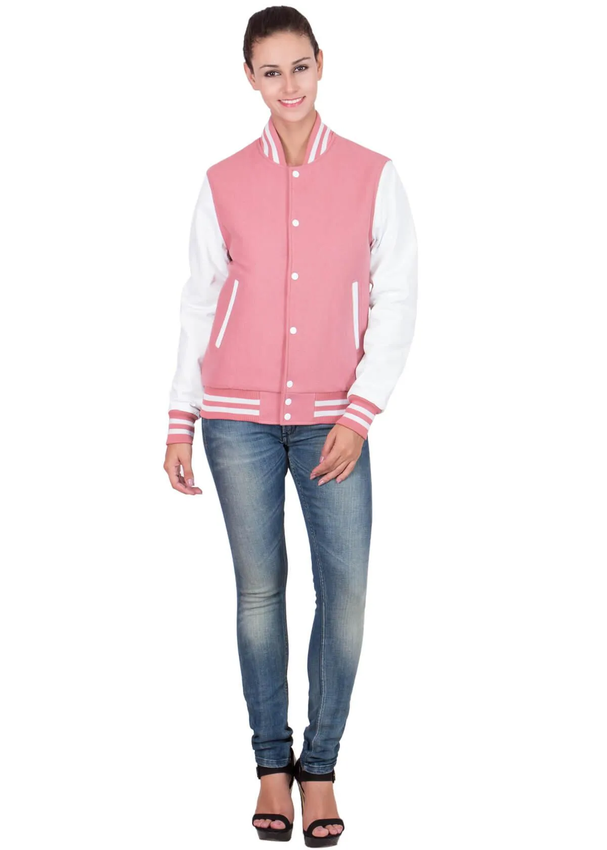 Womens Pink And White Varsity Jacket