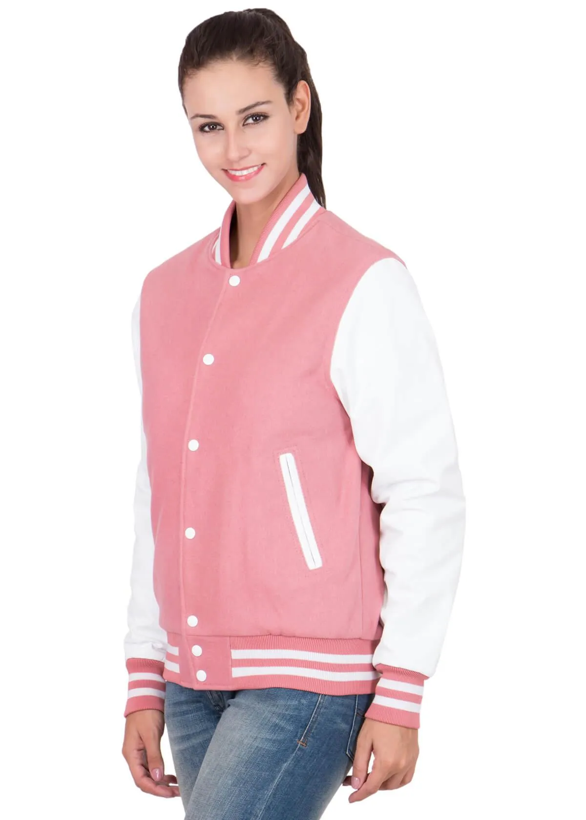 Womens Pink And White Varsity Jacket