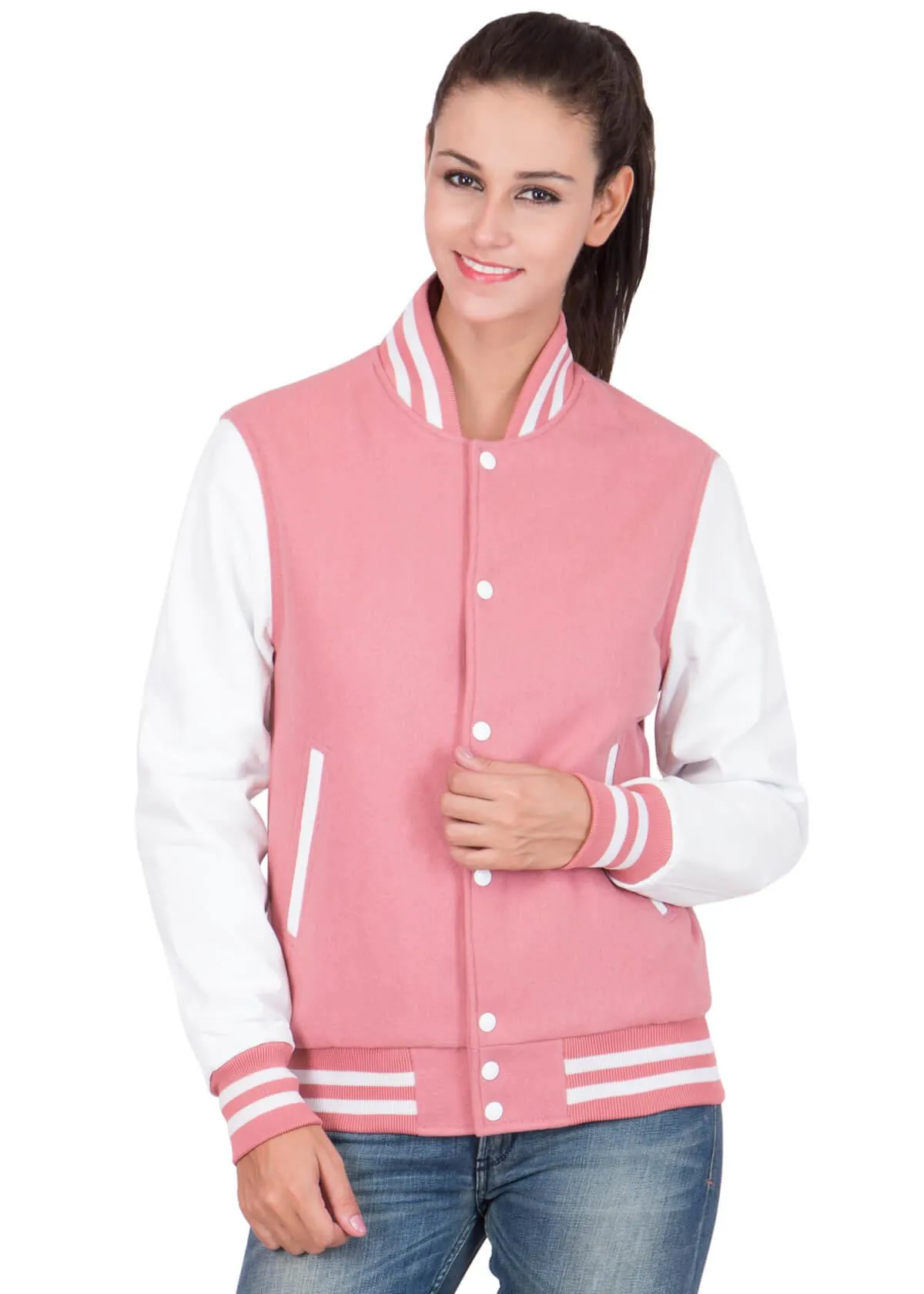 Womens Pink And White Varsity Jacket