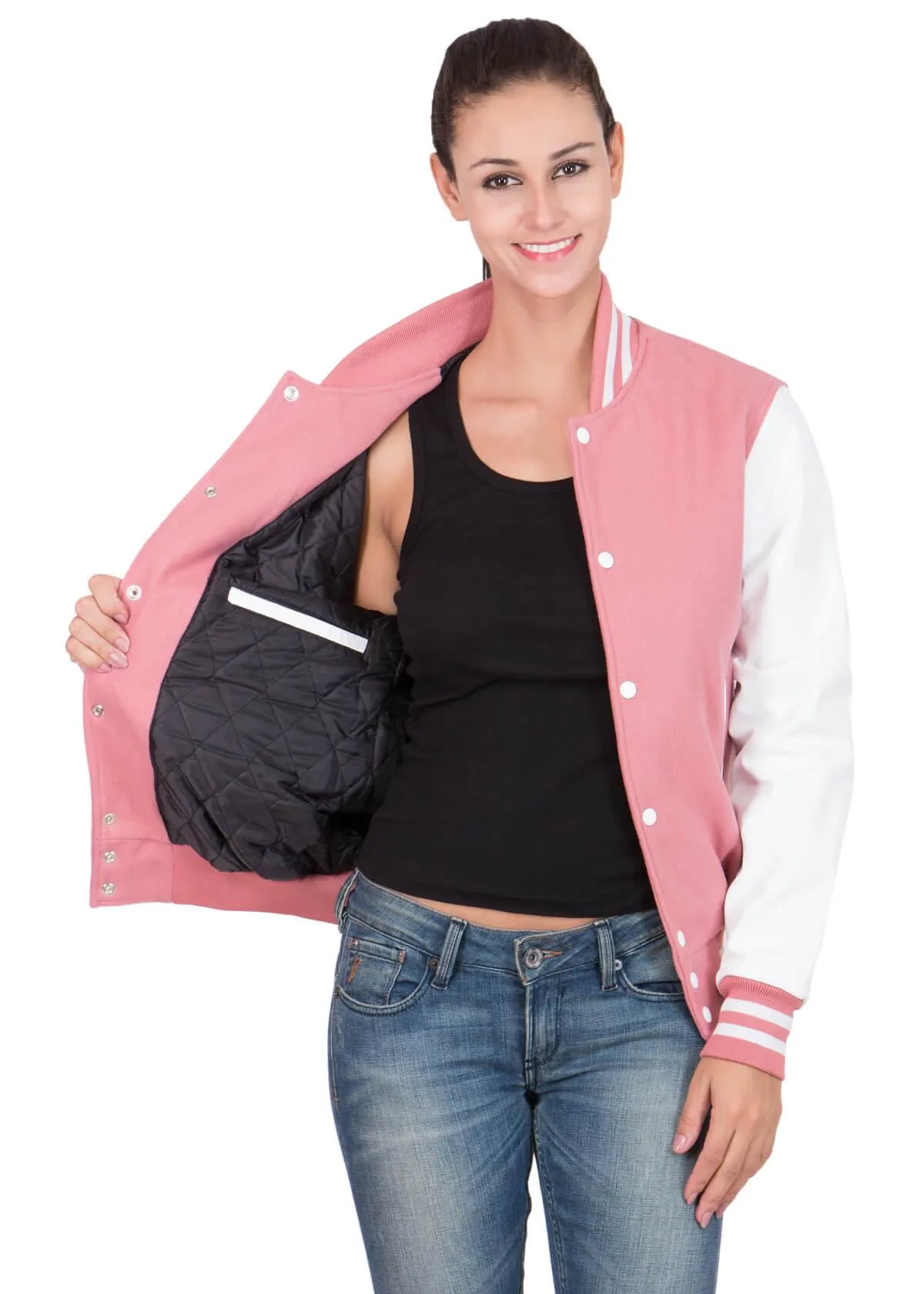 Womens Pink And White Varsity Jacket