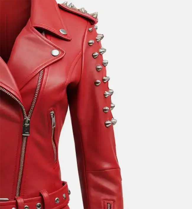 Women's Red Studs Biker Leather Jacket