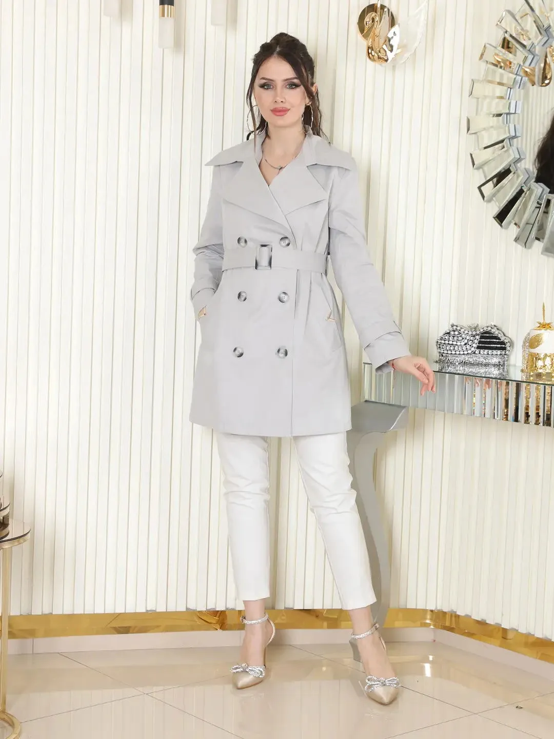 Women's Short Trench Coat with V Metal Detail - Grey - SCB-W12406